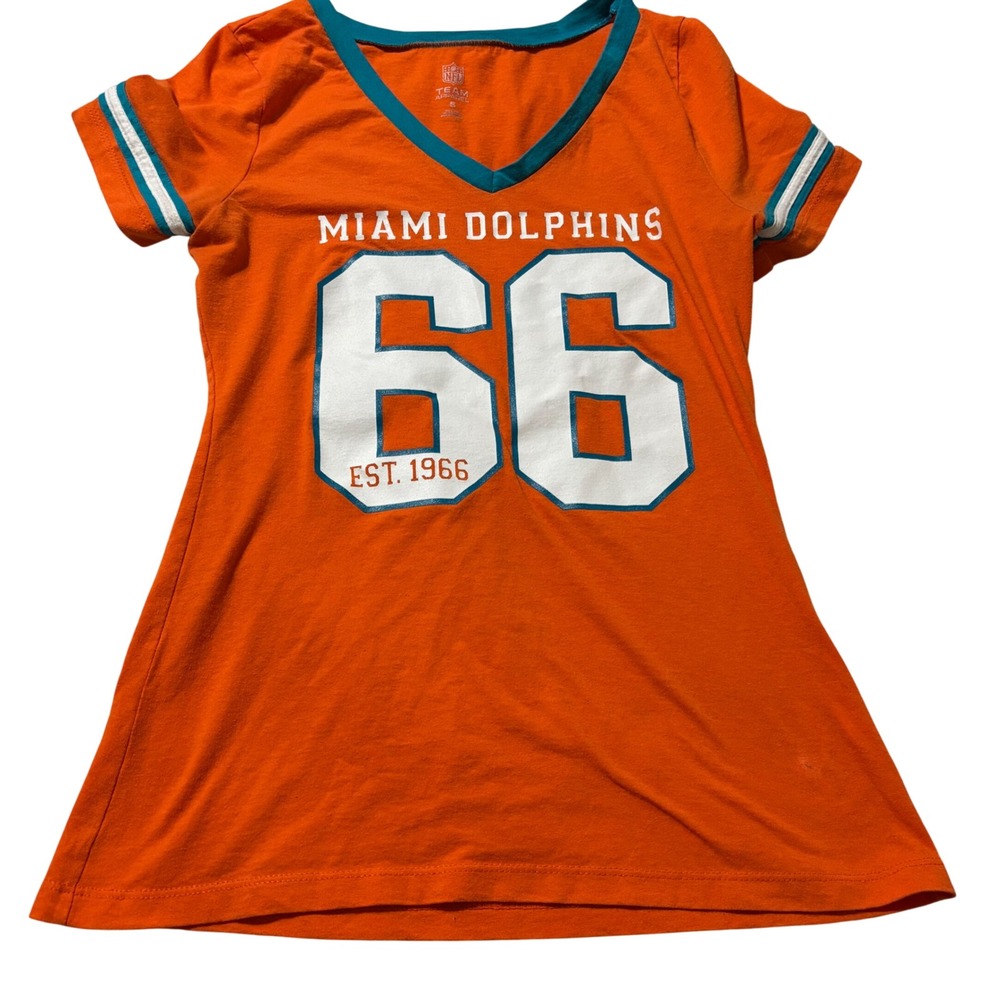 Miami Dolphins Women's Orange V-Neck T-Shirt Jersey #66 - Size S